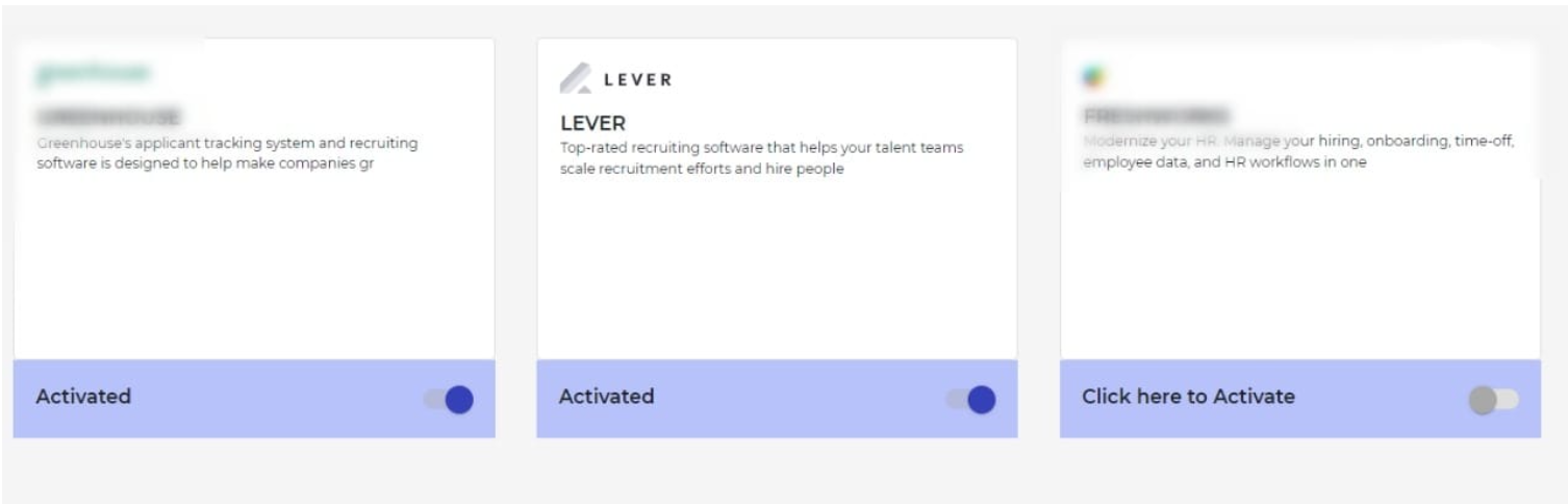 JobTwine integrations page showing Lever card.