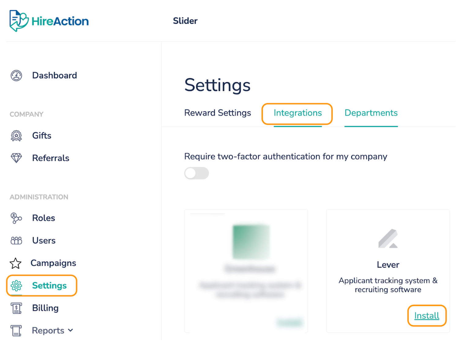 Hireaction settings page with integrations and install outlined