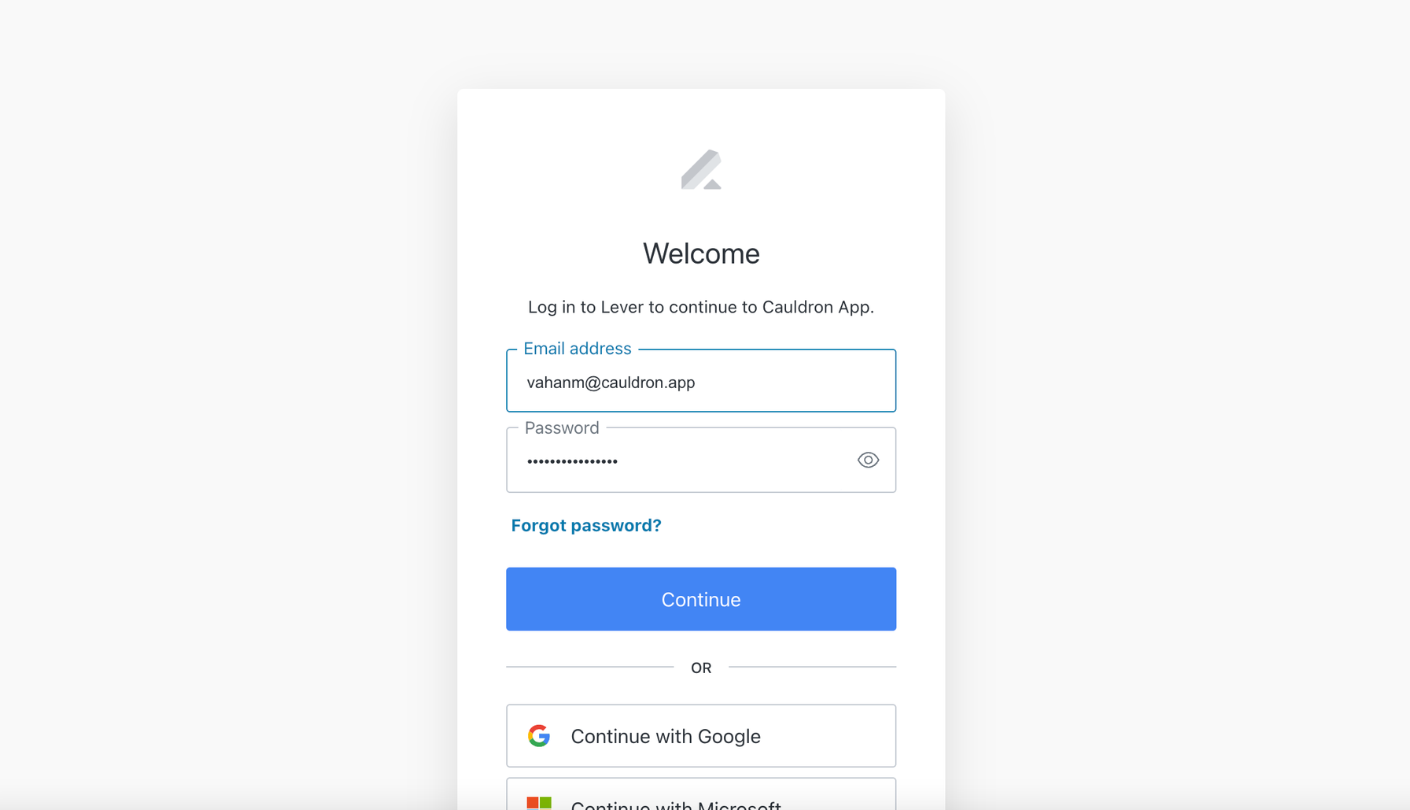 Lever welcome modal with email and password fields