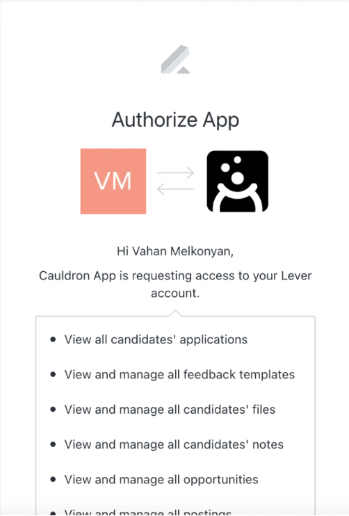 Lever authorize app modal showing list of permissions
