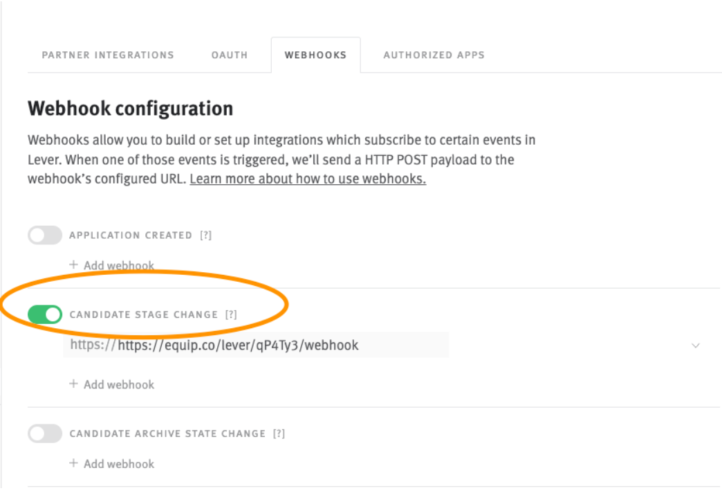 Lever webhook configuration page with candidate stage change toggle on green