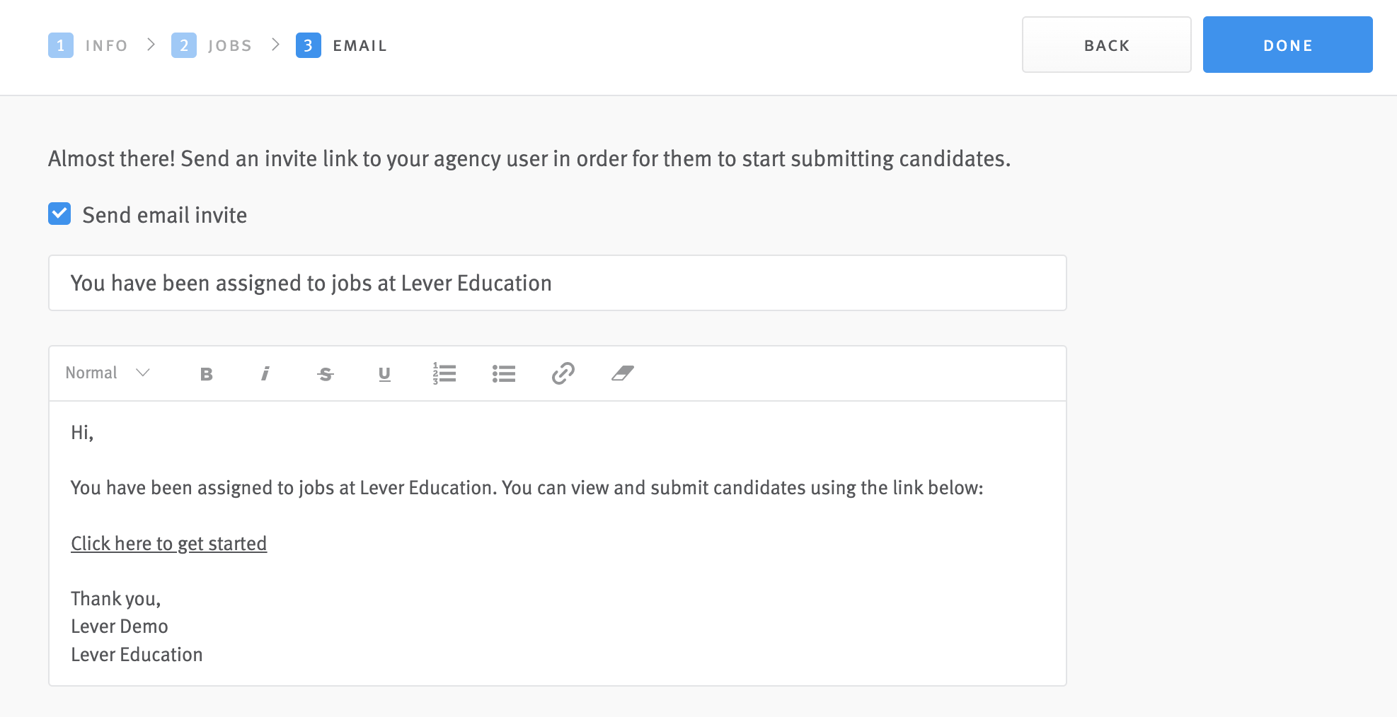 Email fields in agency editor.