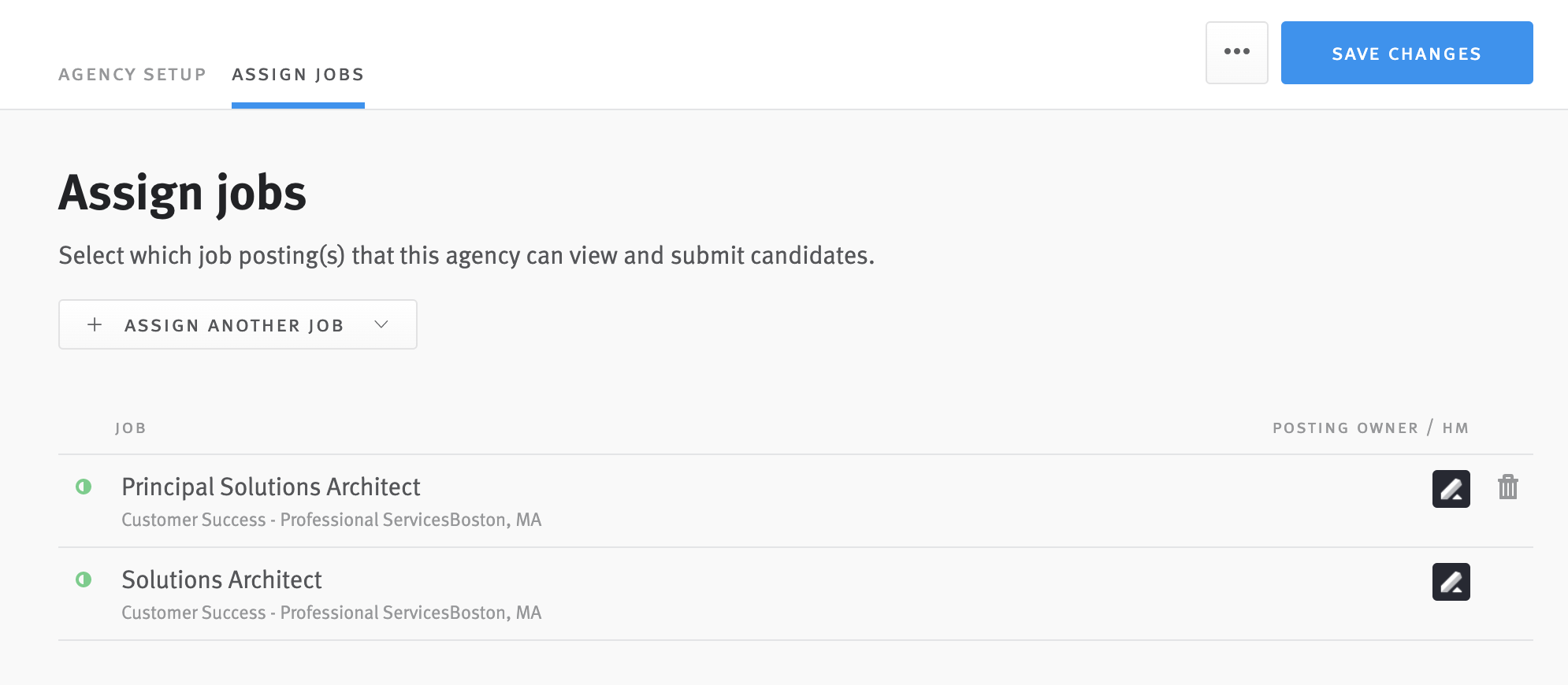 Assigned job postings listed in the agency editor.