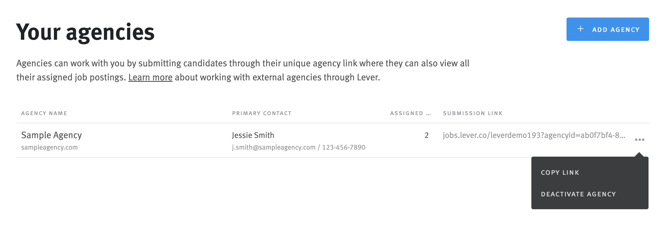 Menu extending from agency in agency list with options to copy link and deactivate agency.