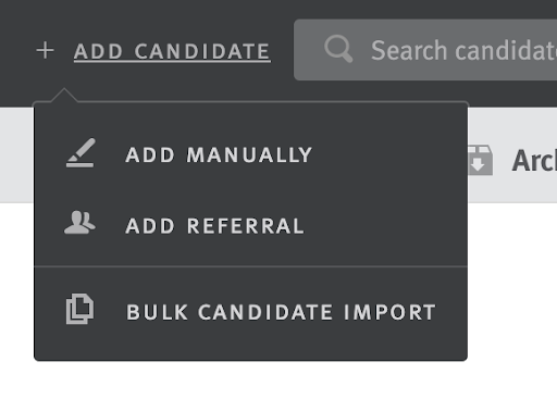 Menu extending from Add Candidate button in platform header; Bulk Candidate Import option is the third option in the menu.