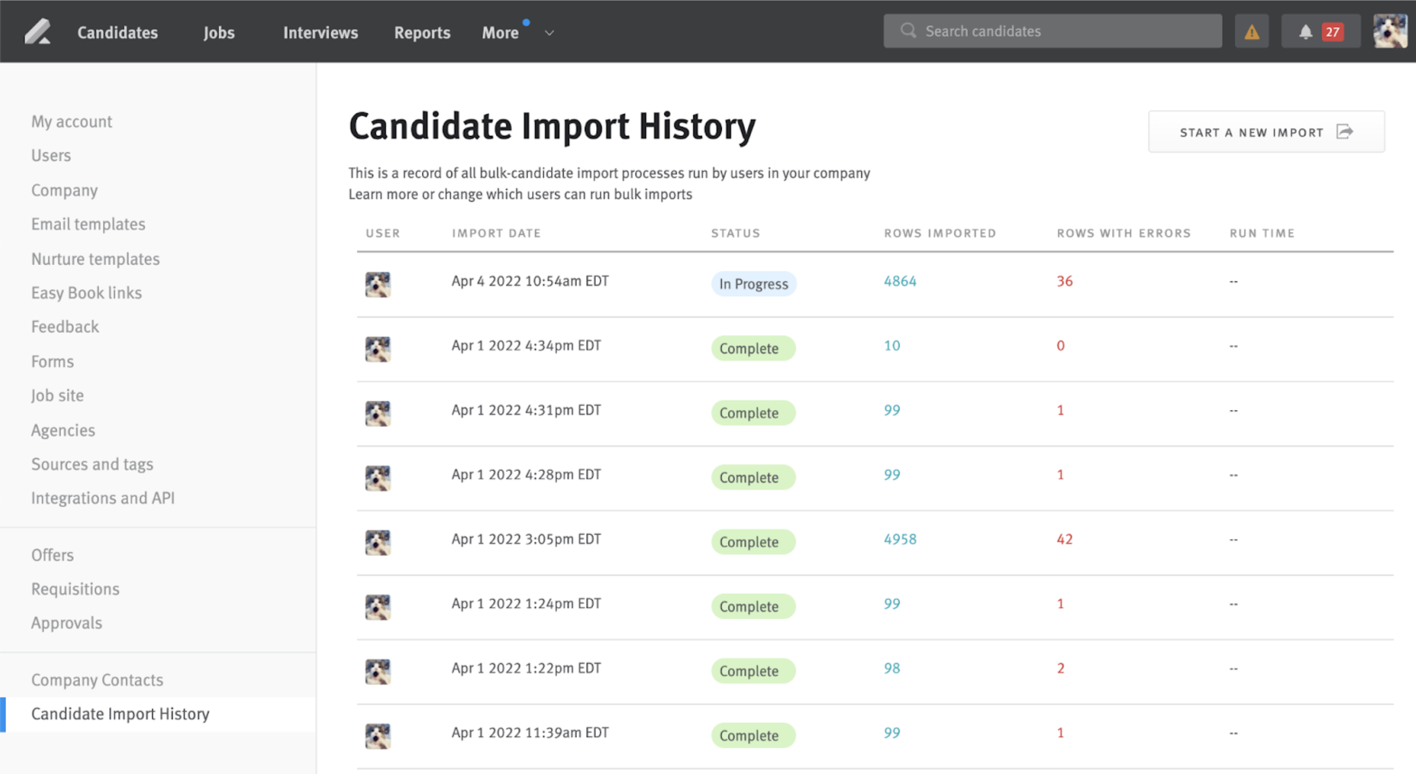 Candidate Import History page in Settings