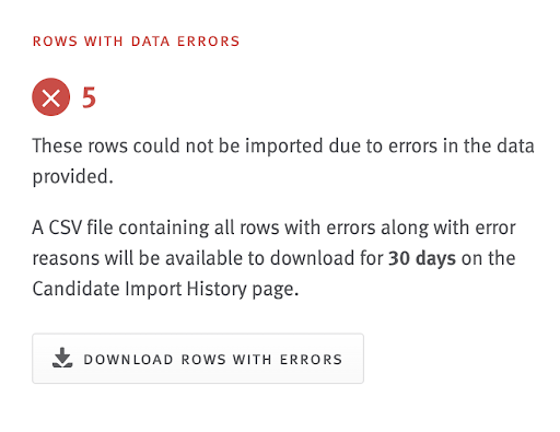 Import summary, close up on count of rows with errors and button to download rows with errors.