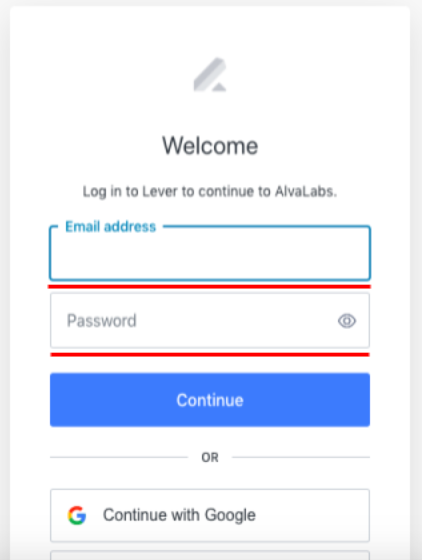 Lever login page with email address and password fields underlined.