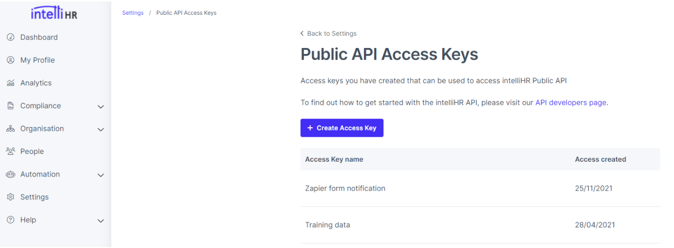 IntelliHR platform public API access keys page