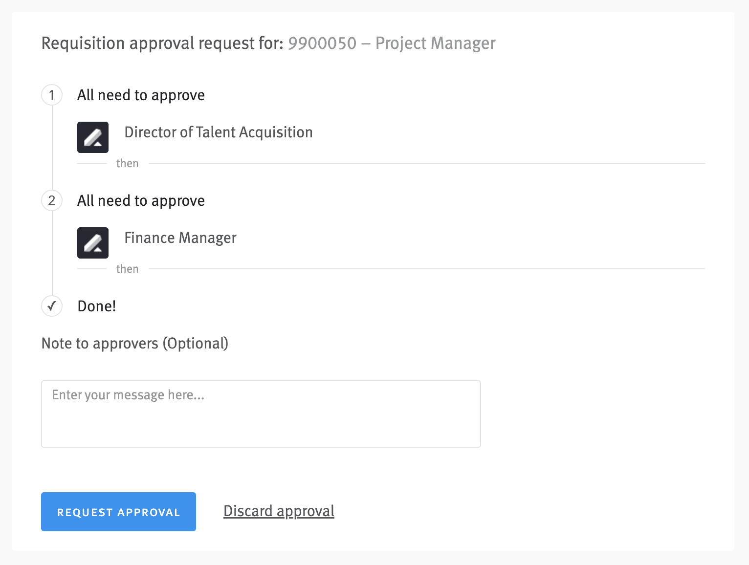 Approval page in requisition creation workflow with two approvers listed