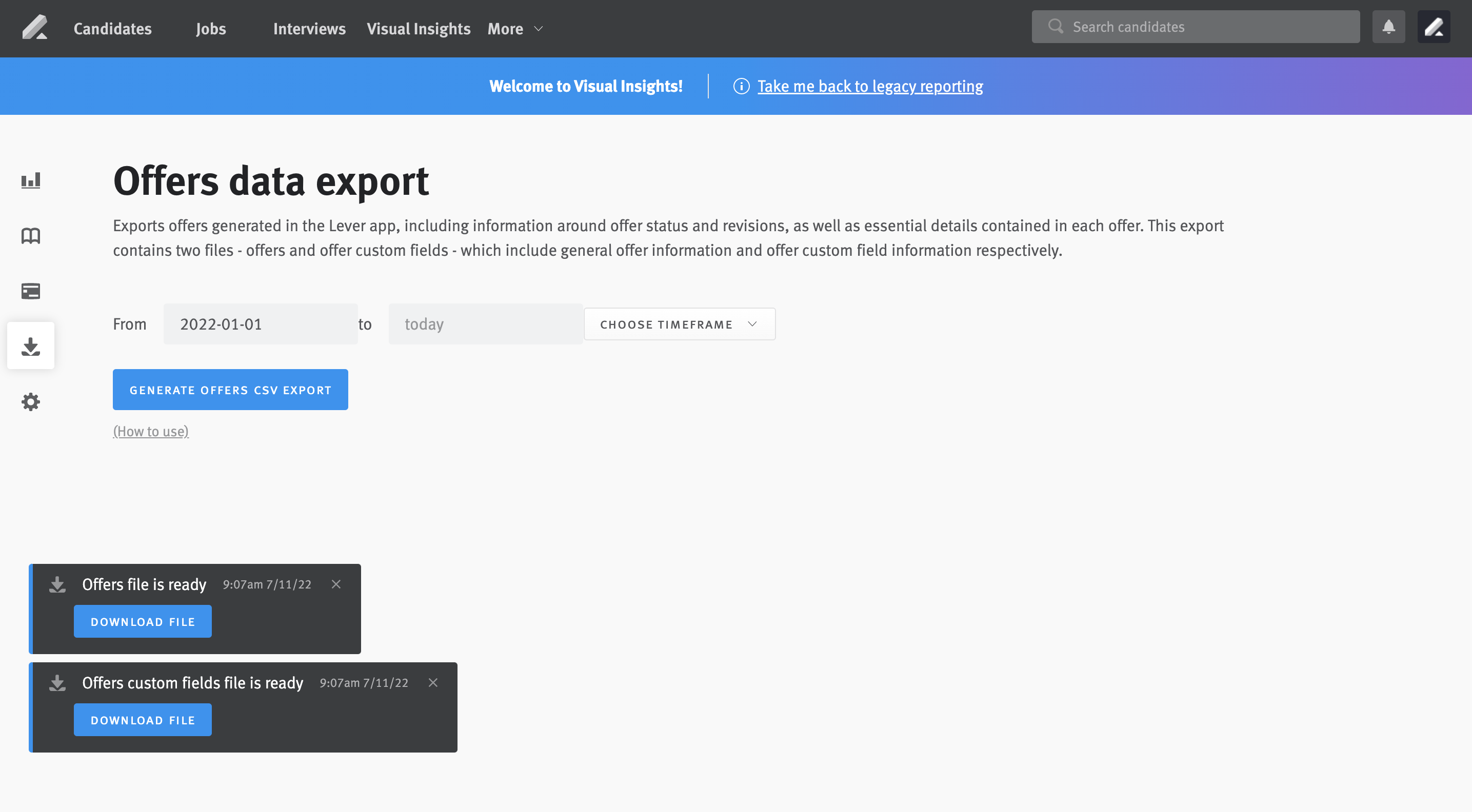 Offers data export page with pop-ups indicating the Offers file and Offers custom fields file is ready for download.
