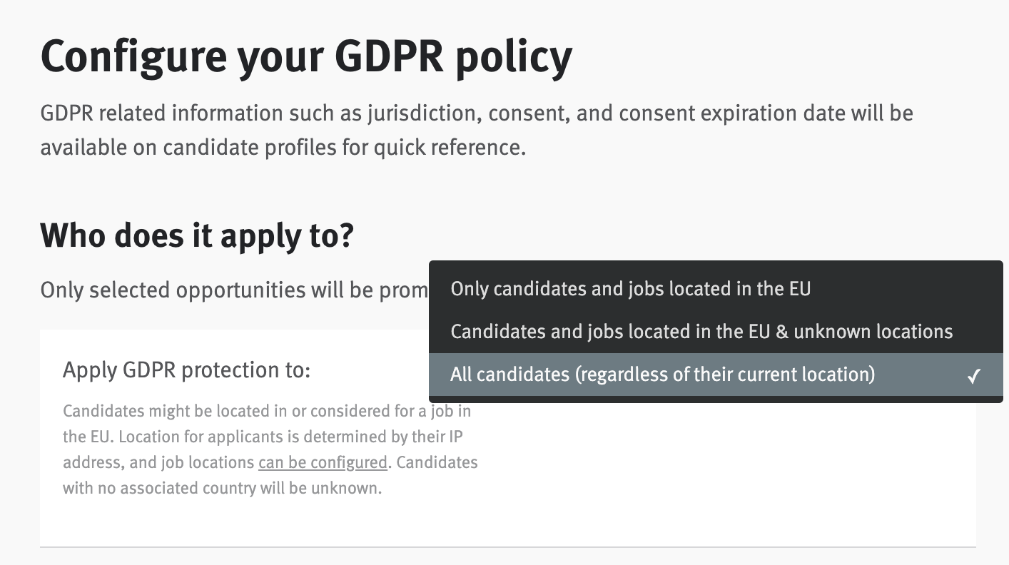 Close-up of GDPR configuration field with application menu expanded.