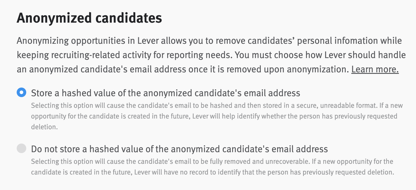 Anonymized candidates radio button options