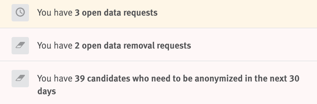 Lever inbox notifications for data removal and anonymization tasks.