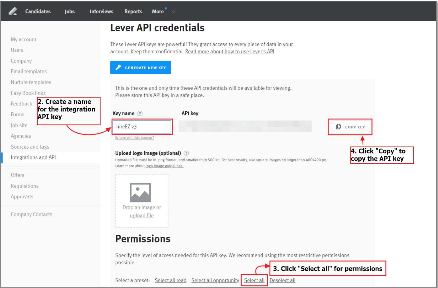 Lever settings API credentials tab with key name field, select all button, copy key button outlined