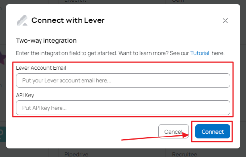 Connect with lever modal with lever account email and api key fields and blue connect button outlined