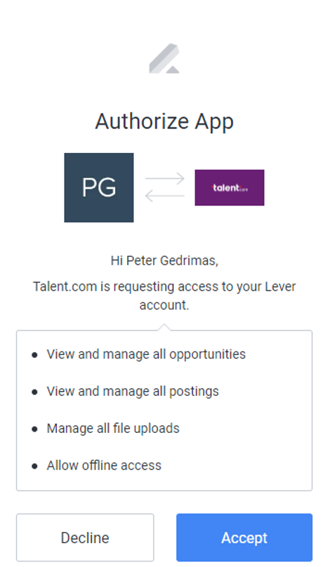 Lever authorize app modal