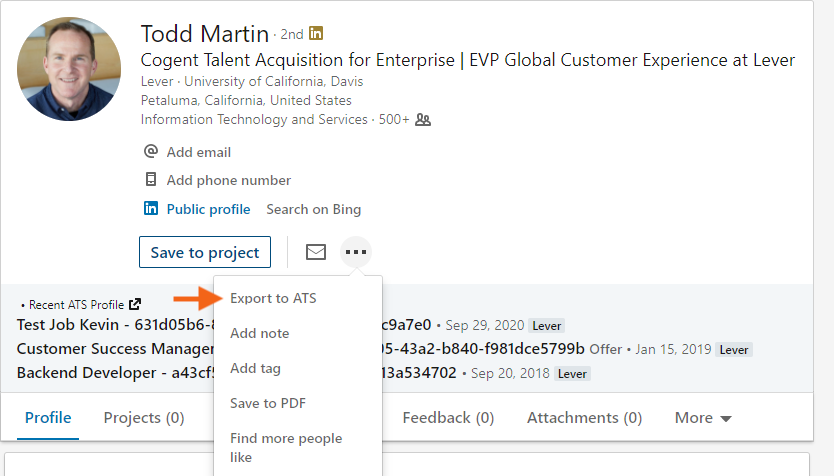 Close up LinkedIn profile with arrow pointing to Export to ATS option in ellipses menu
