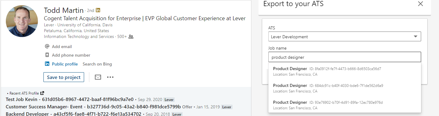LinkedIn profile with export frame; ATS and job name fields filled out.