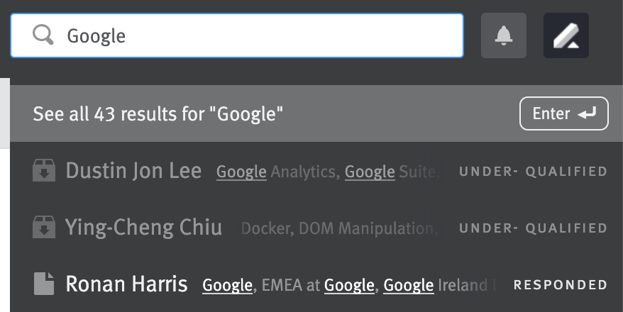 Close up of search bar with the word Google input and search results menu expanded.