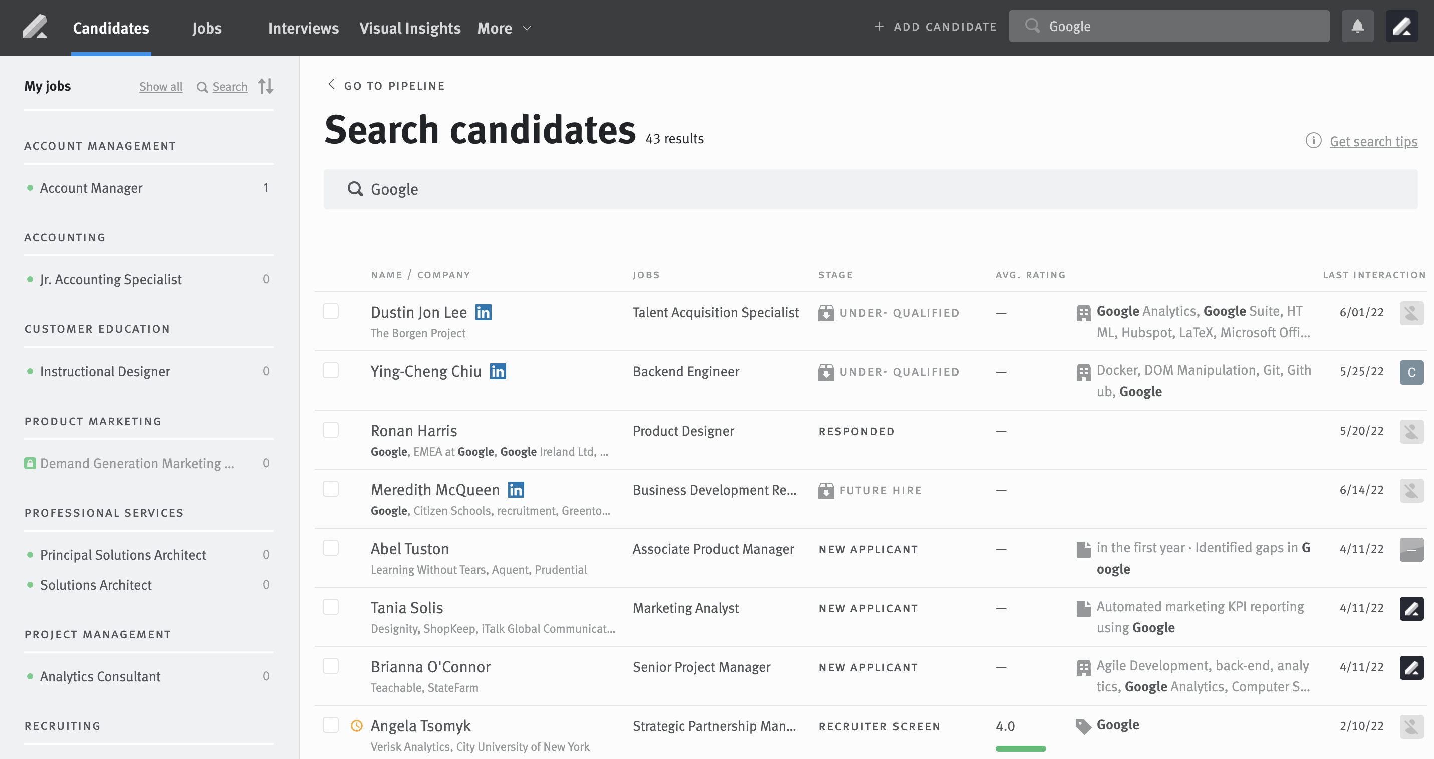 Full candidate search results page