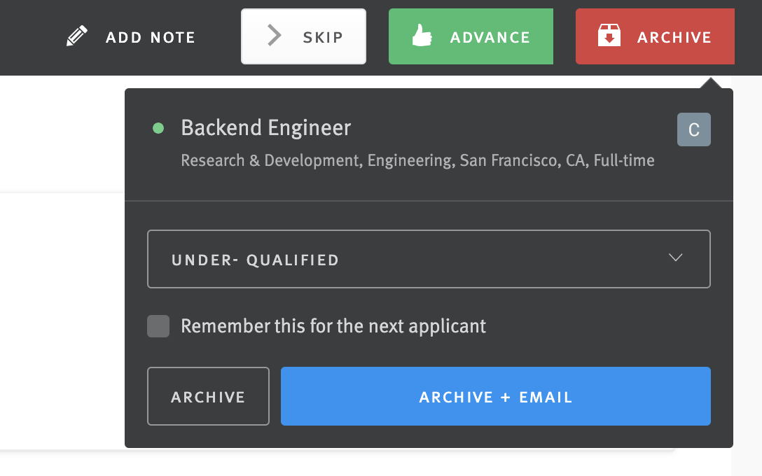 Archive reason selected in menu extending from Archive button in Fast Resume Review