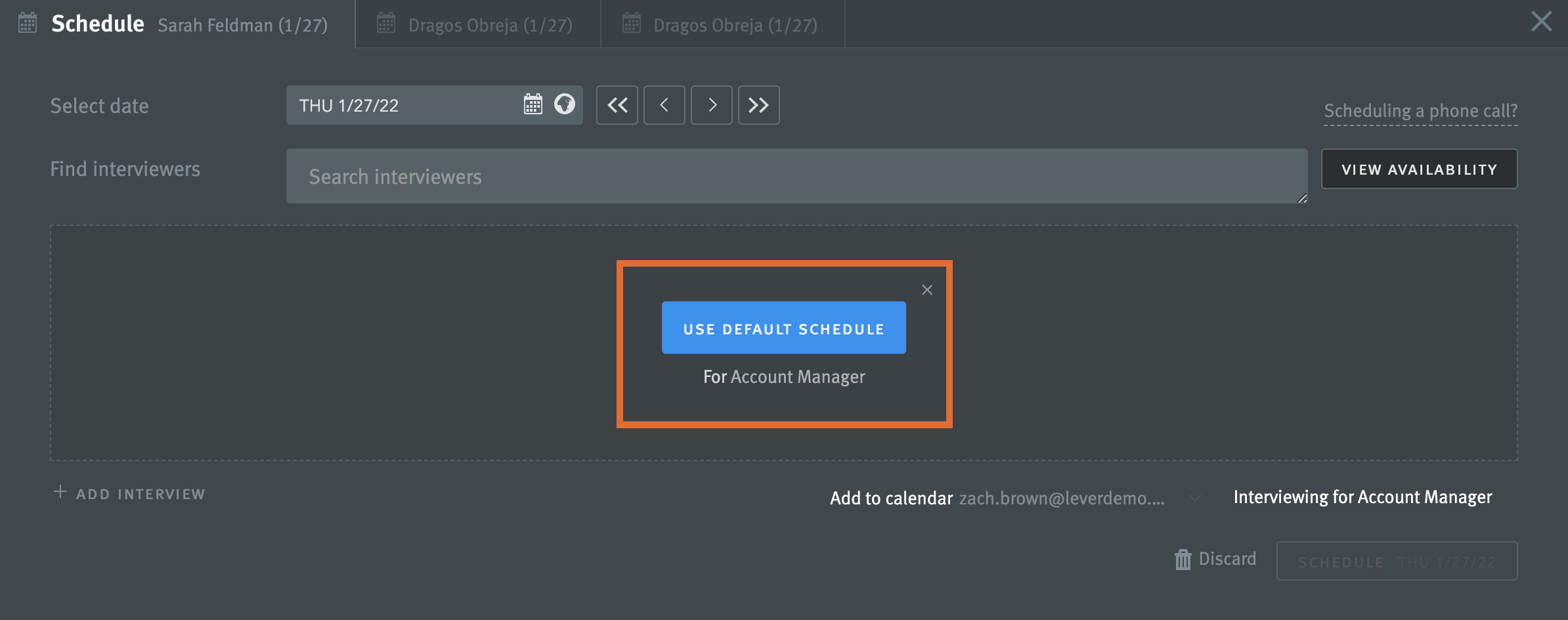 Modal in scheduler with arrow pointing to Use Default Schedule button