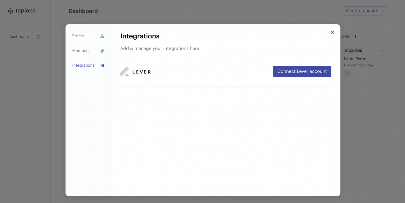Tapioca integrations page showing Lever listing