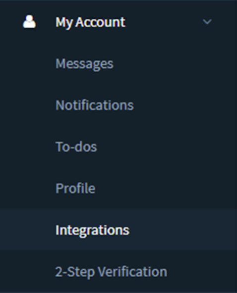 Crimcheck my account page showing integrations in menu.