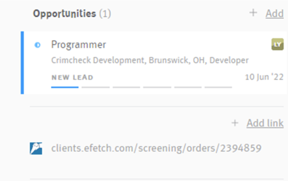 Lever candidate profile showing opportunity and crimcheck link.