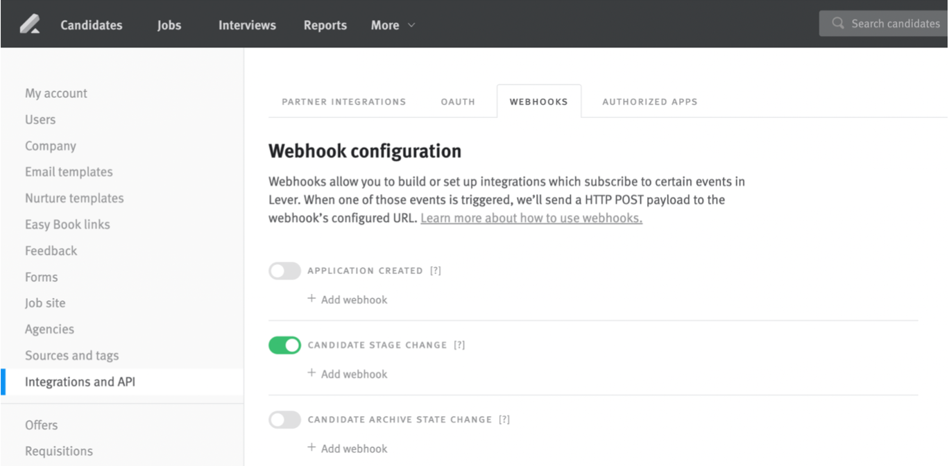 Lever settings webhook configuration page with candidate stage change toggle on green