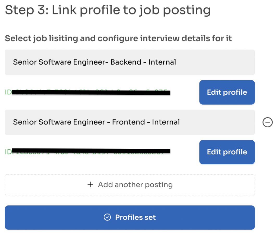 Link profile to job posting editor showing list of jobs