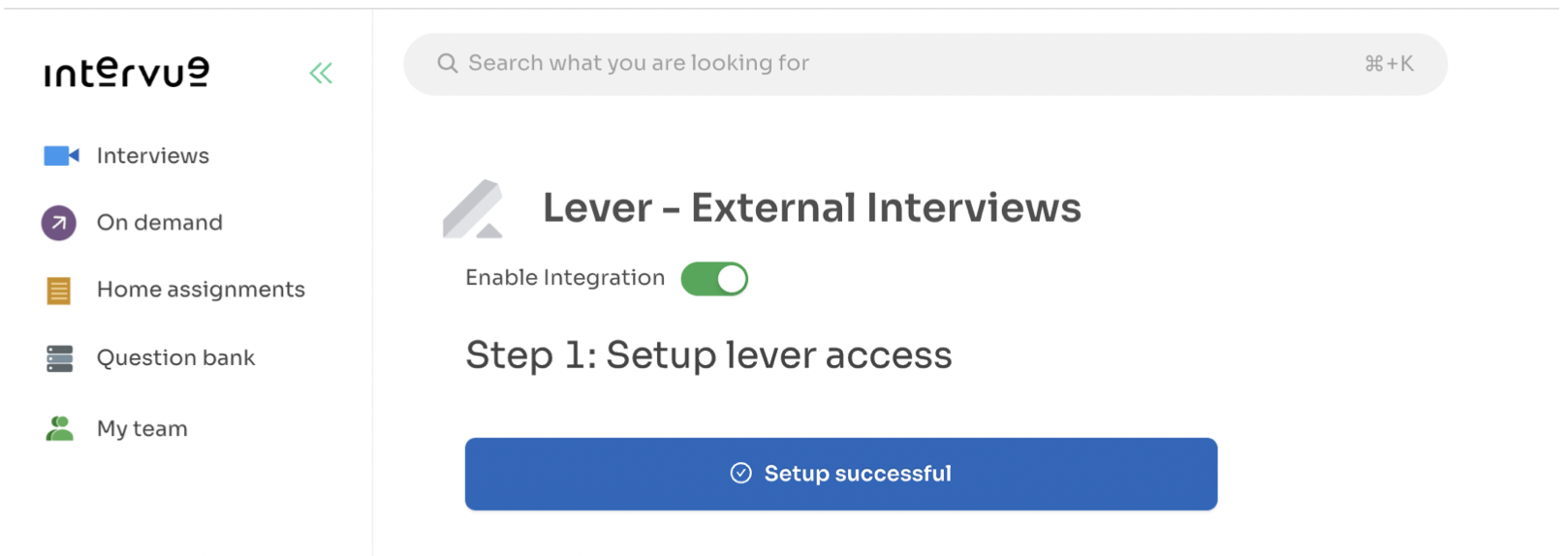Intervue platform with lever external interviews and green on toggle next to enable integration