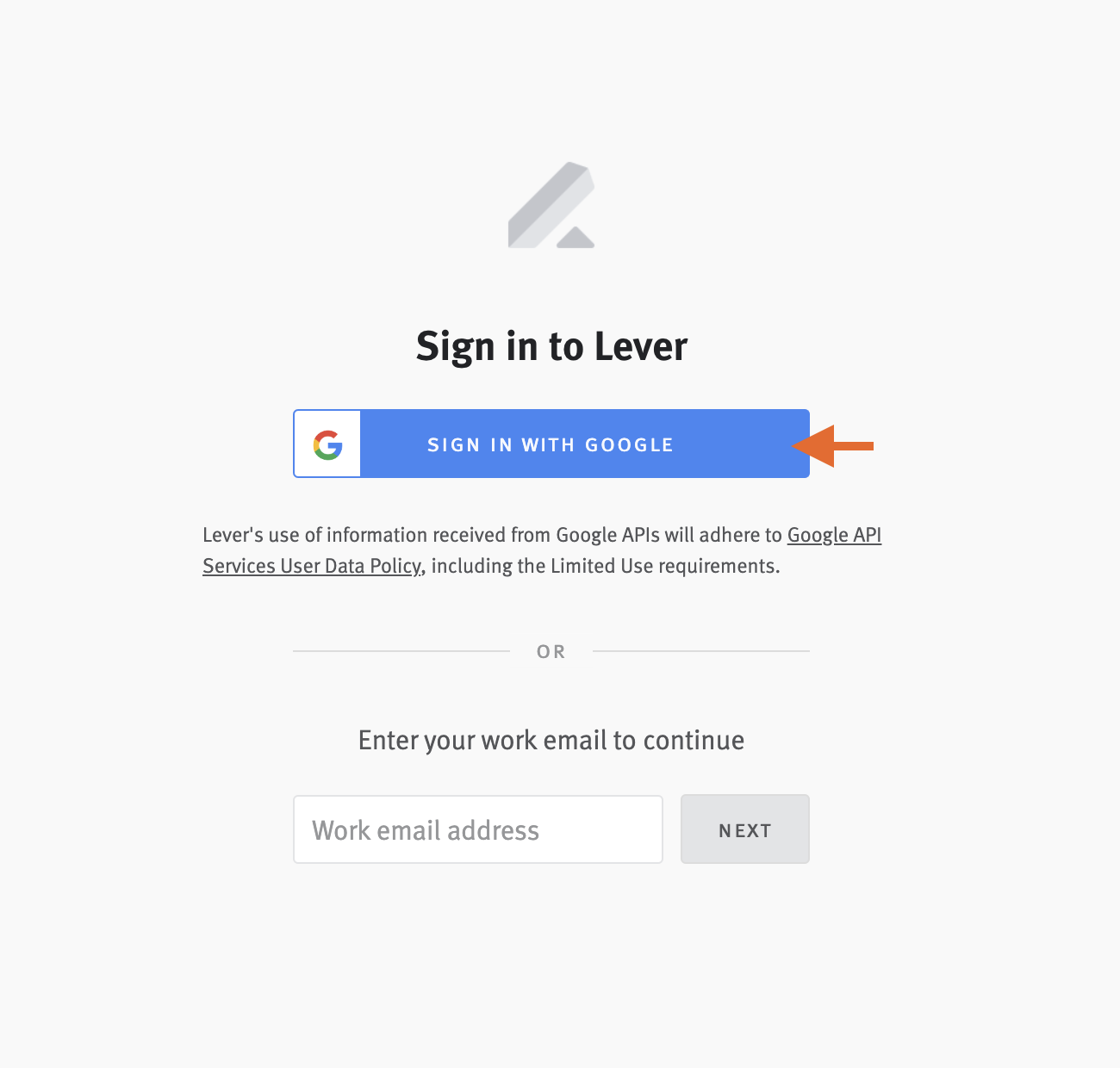 Lever login page with arrow pointing to Sign in with Google button.