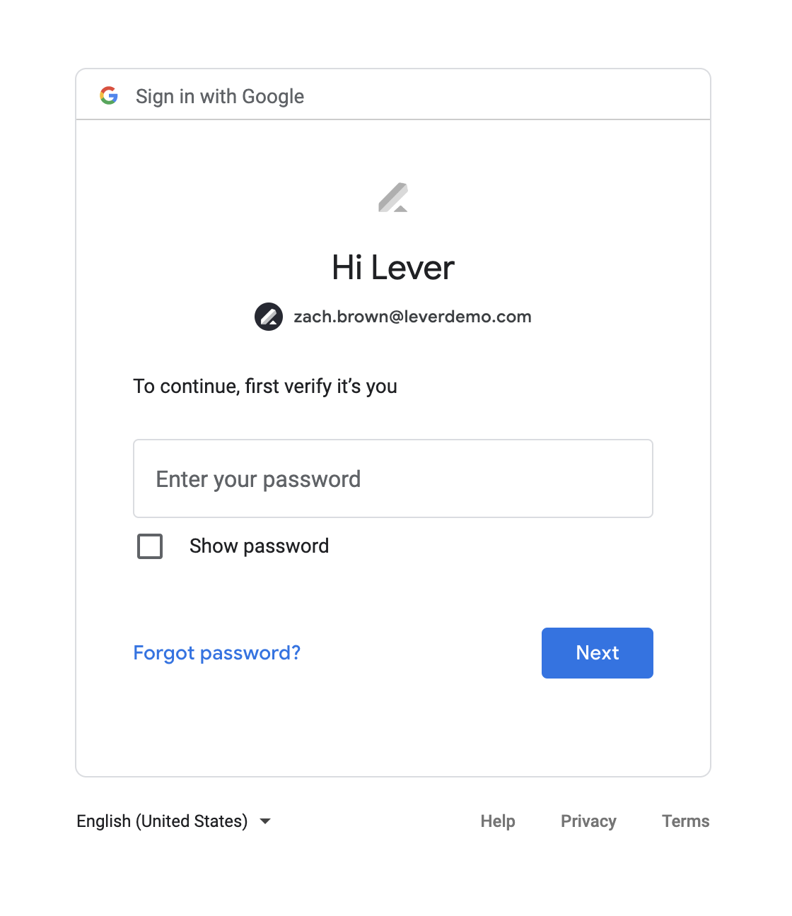 Google login page with field to input password.