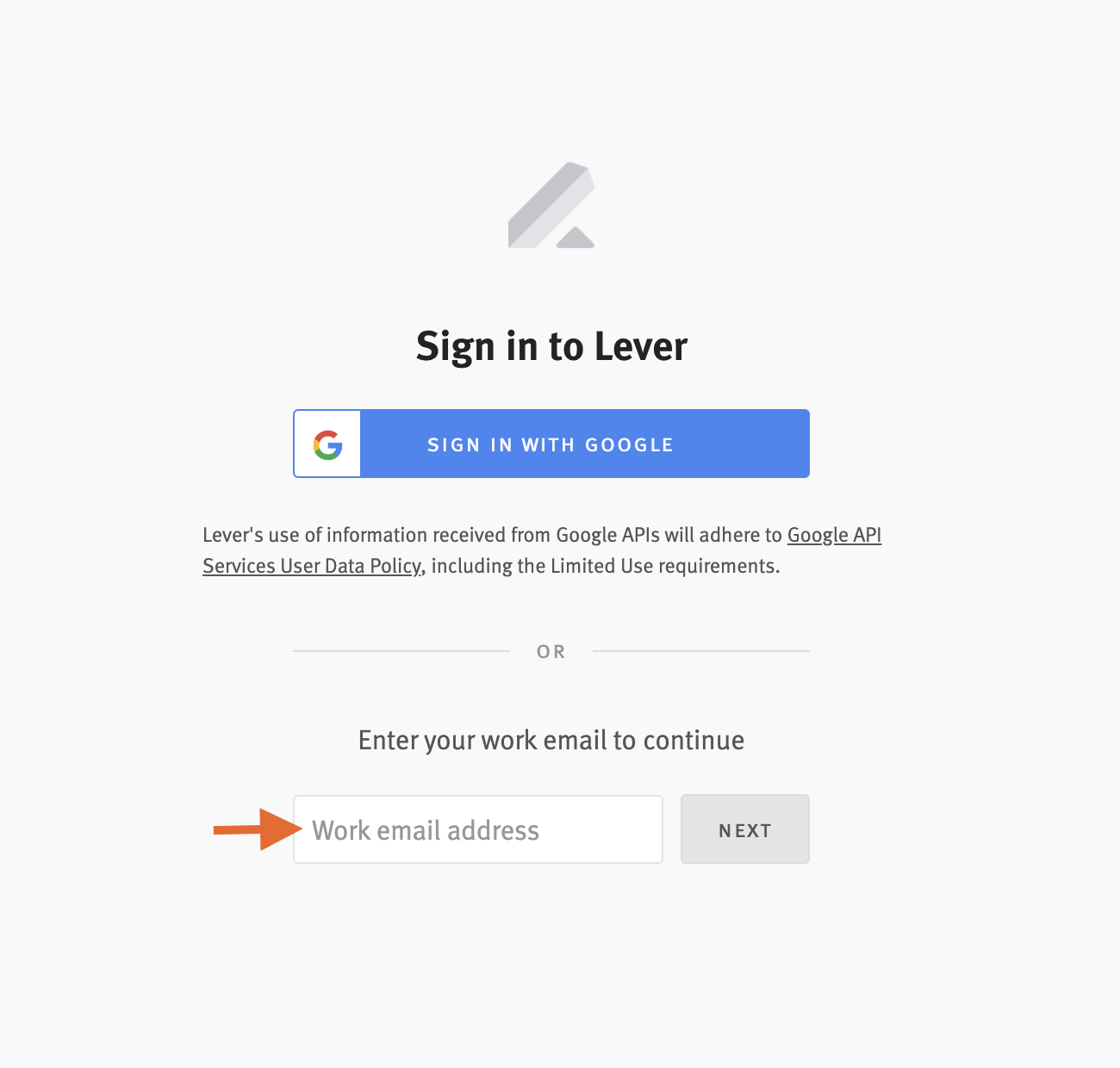 Lever login page with arrow pointing to email address field.