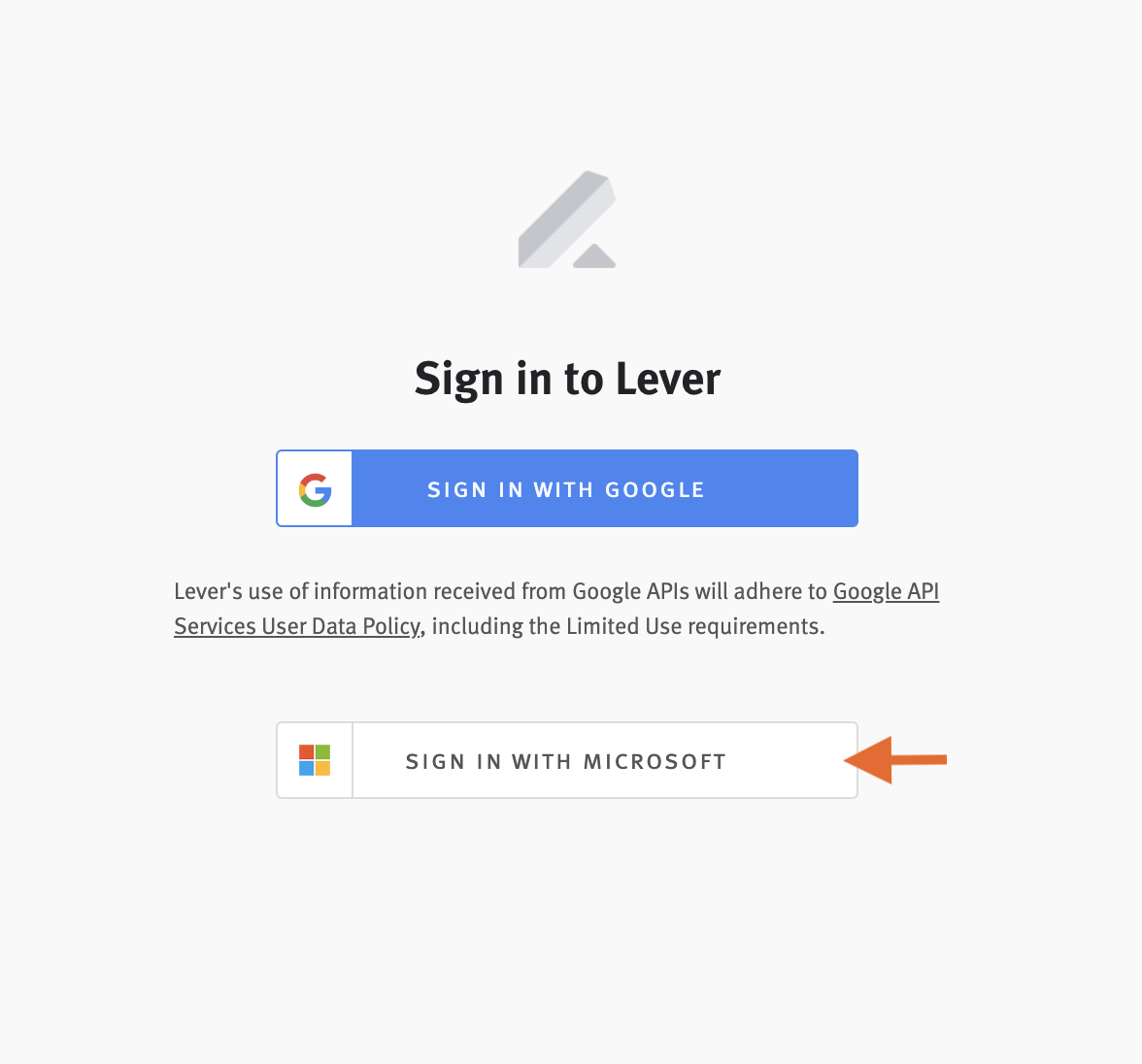 Lever login page with arrow pointing to Sign in with Microsoft button.