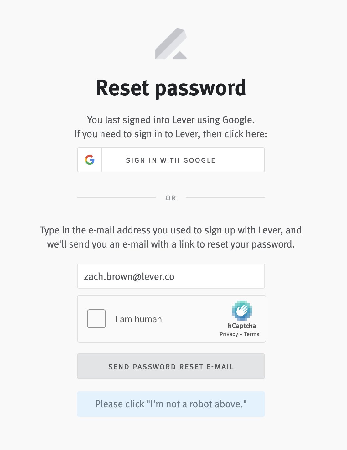 Lever password reset page