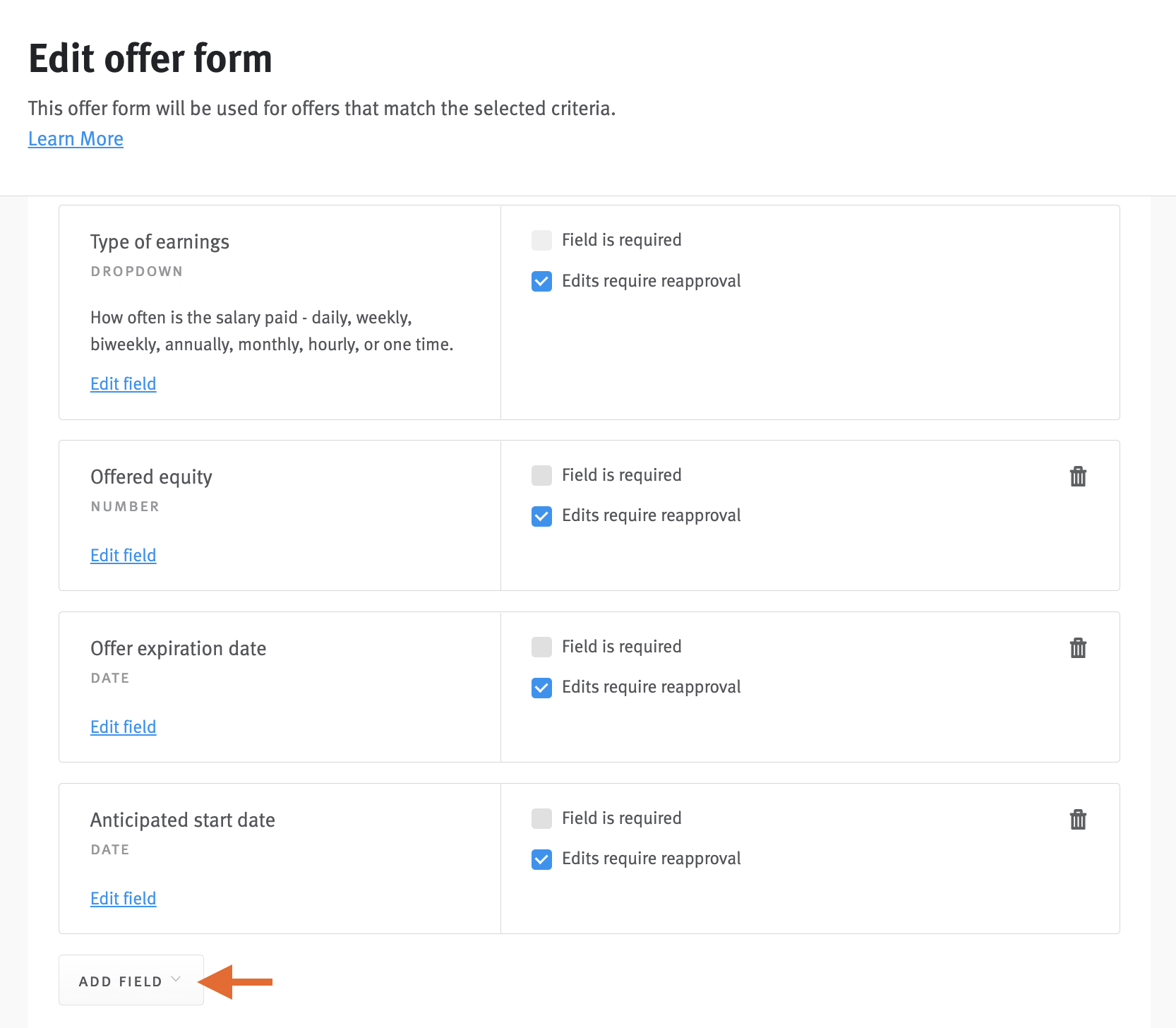 Offer form editor with arrow pointing to Add Field button.