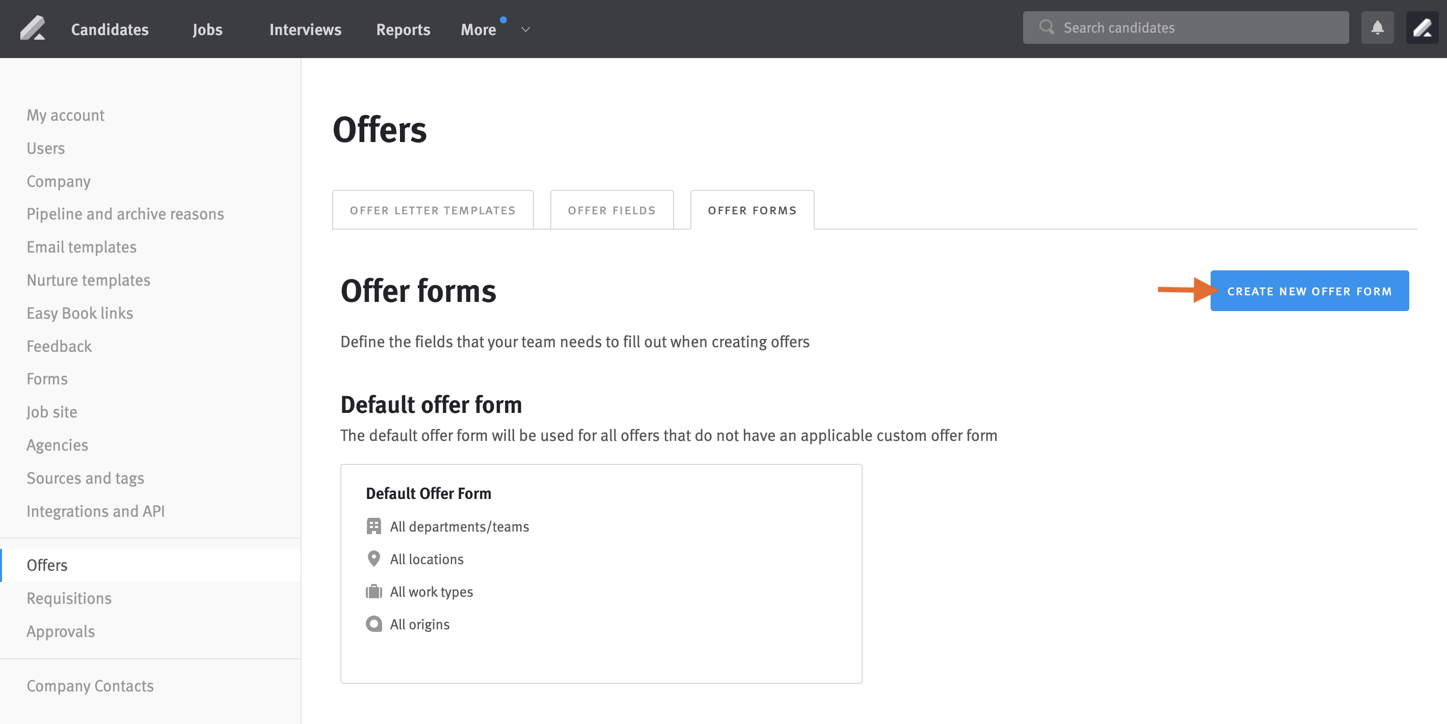Offer form settings page with arrow pointing to create new offer form button.