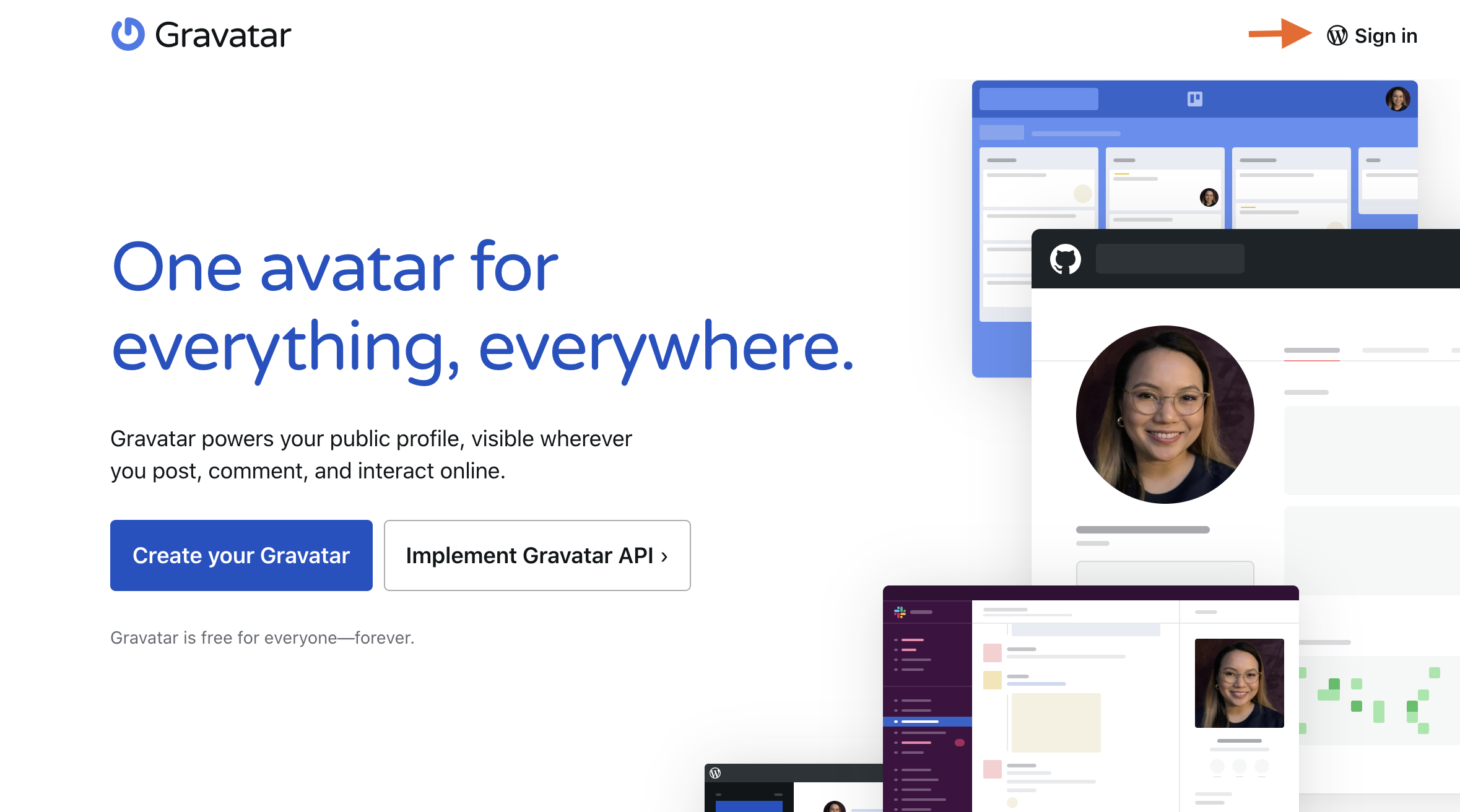 Gravatar homepage with arrow pointing to Sign In button.