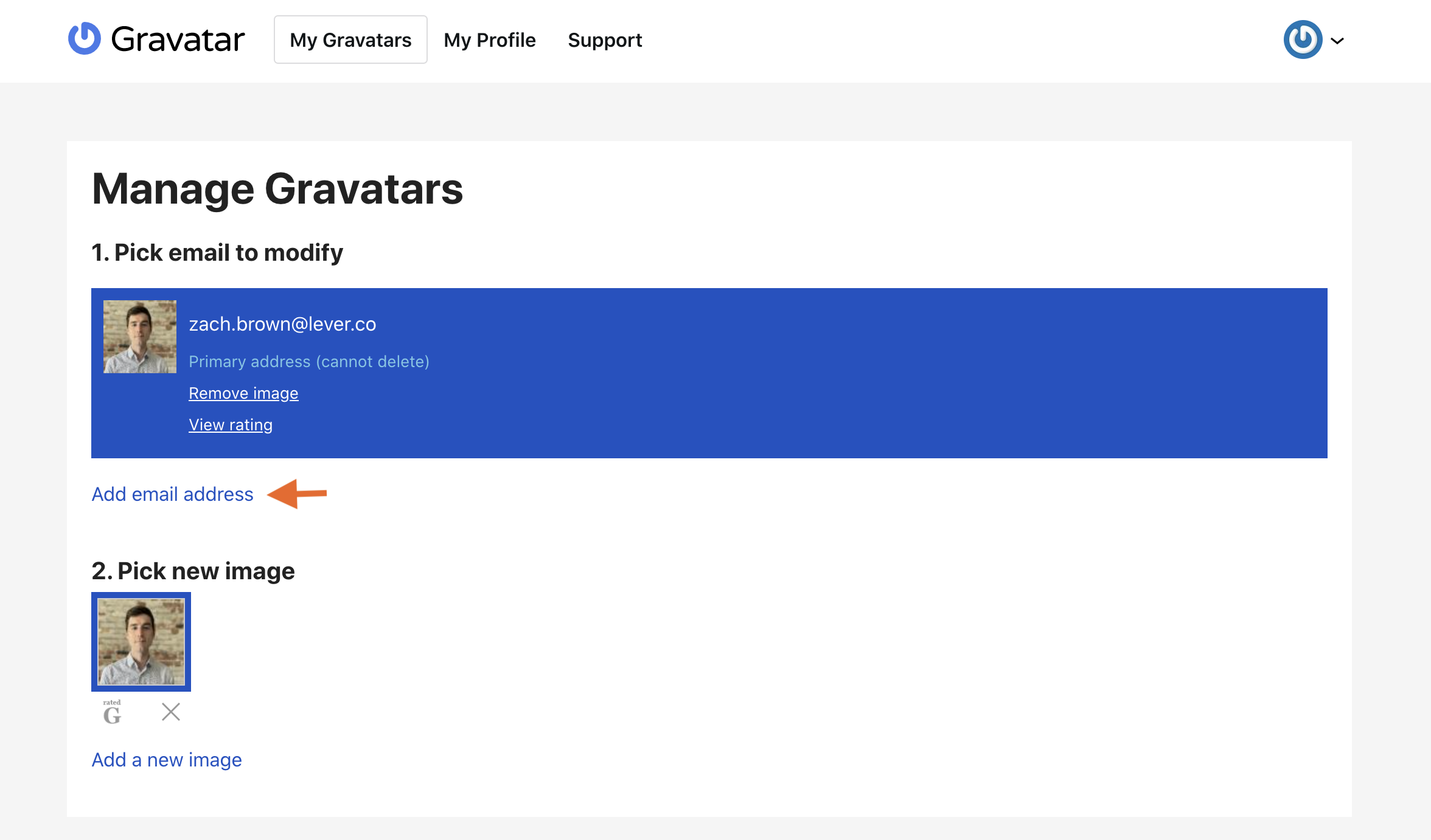 Gravatar profile list with arrow pointing to Add email address link