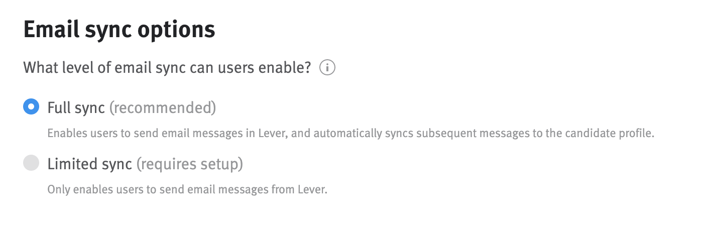 Email sync options in Company settings