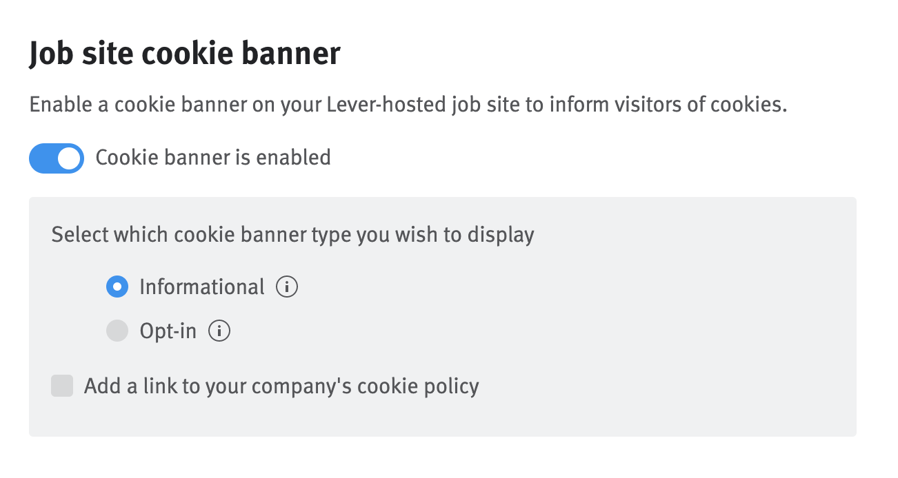 Job site cookie banner configuration options in Company settings