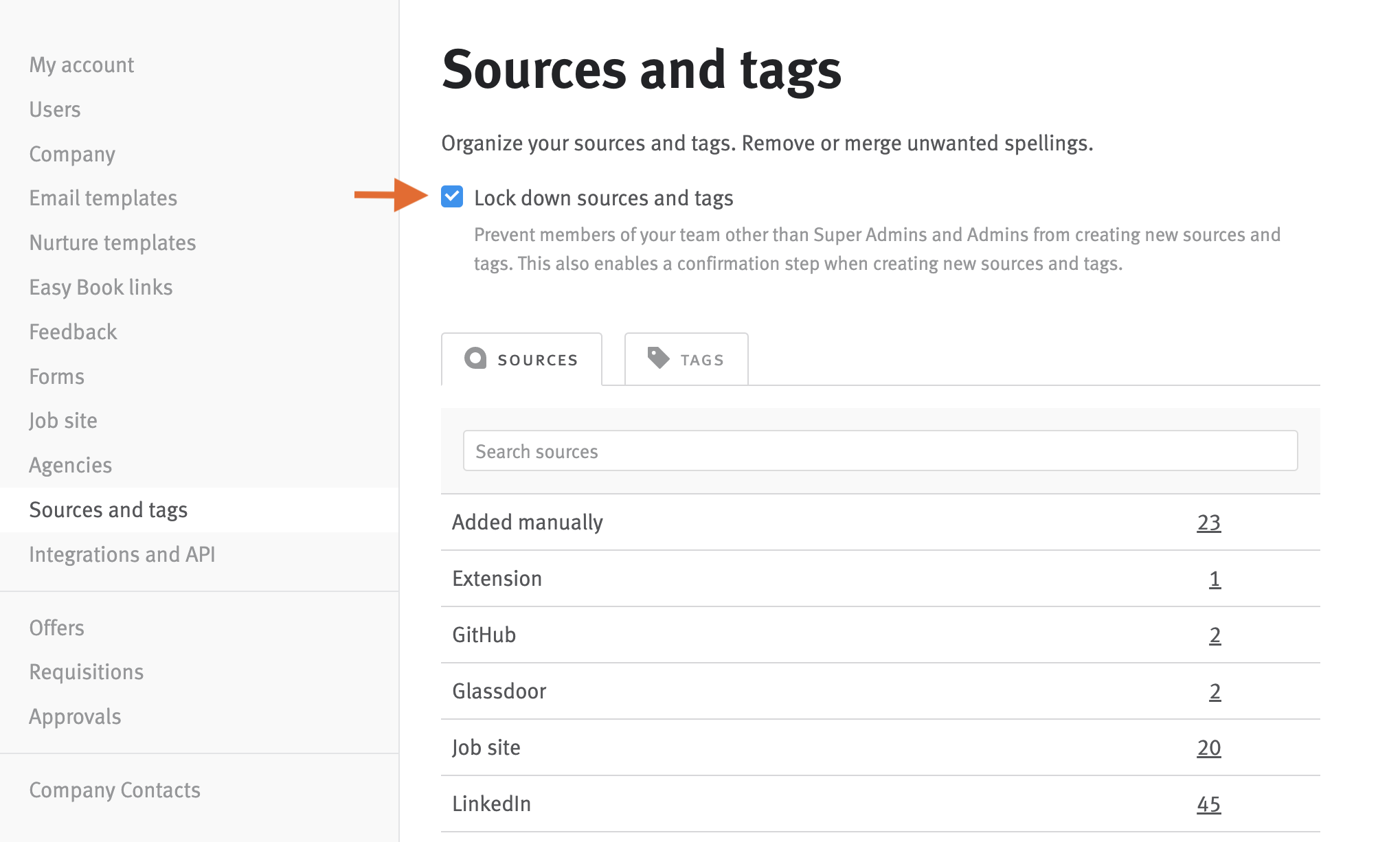 Sources and tags settings page with arrow pointing to lock down checkbox.
