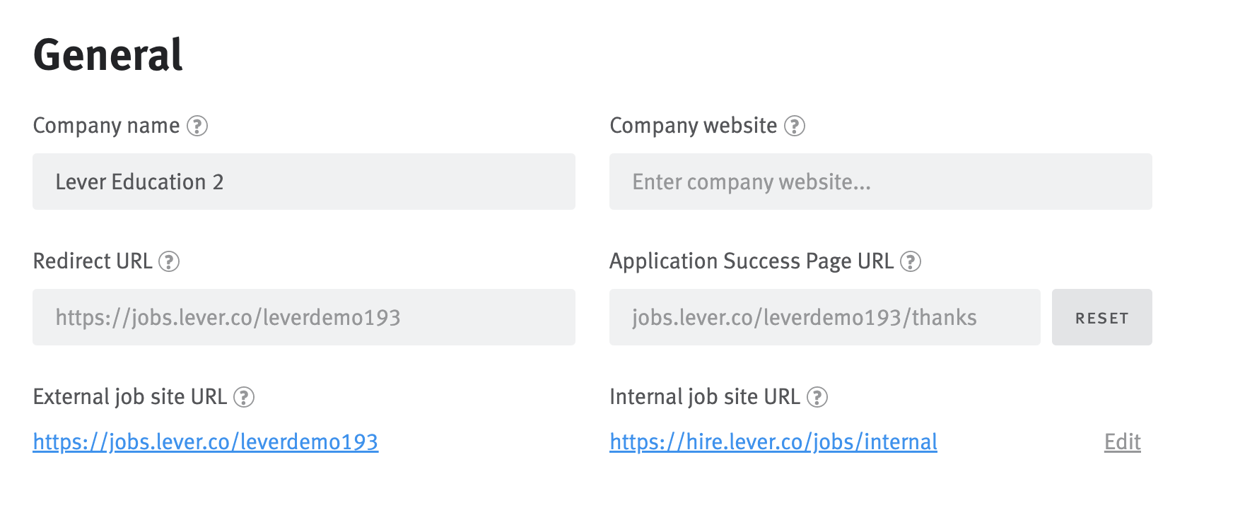 General job sites settings fields and URLs for external and internal job sites.