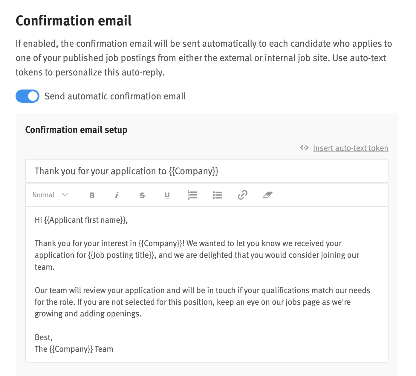 Confirmation email toggle with email editor
