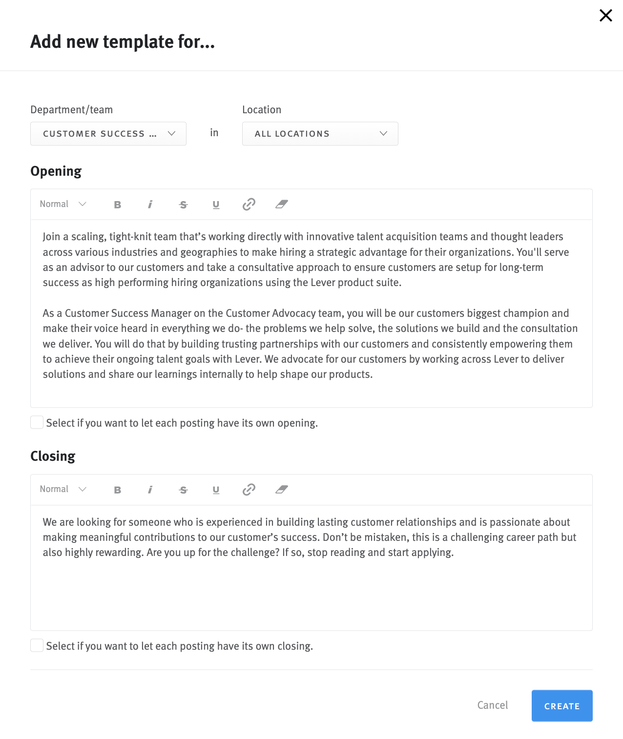 Opening and closing paragraph template editor.