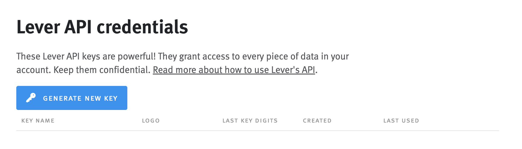 Close of of Lever API credentials section on API credentials page.