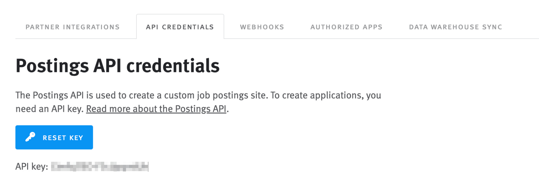 API credentials page in Integrations and API settings; close up of Posting API credentials section.